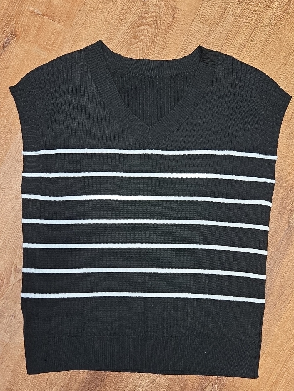 Large Black V-Neck Ribbed Sweater Vest with White Stripes